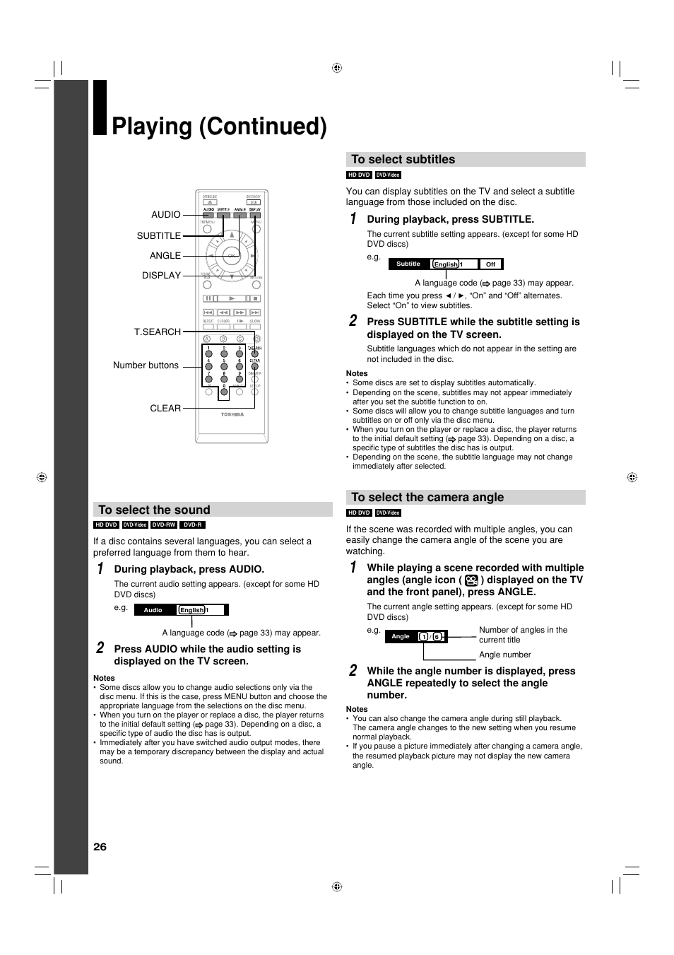 Playing (continued) | Toshiba HD-EP30KE User Manual | Page 26 / 40