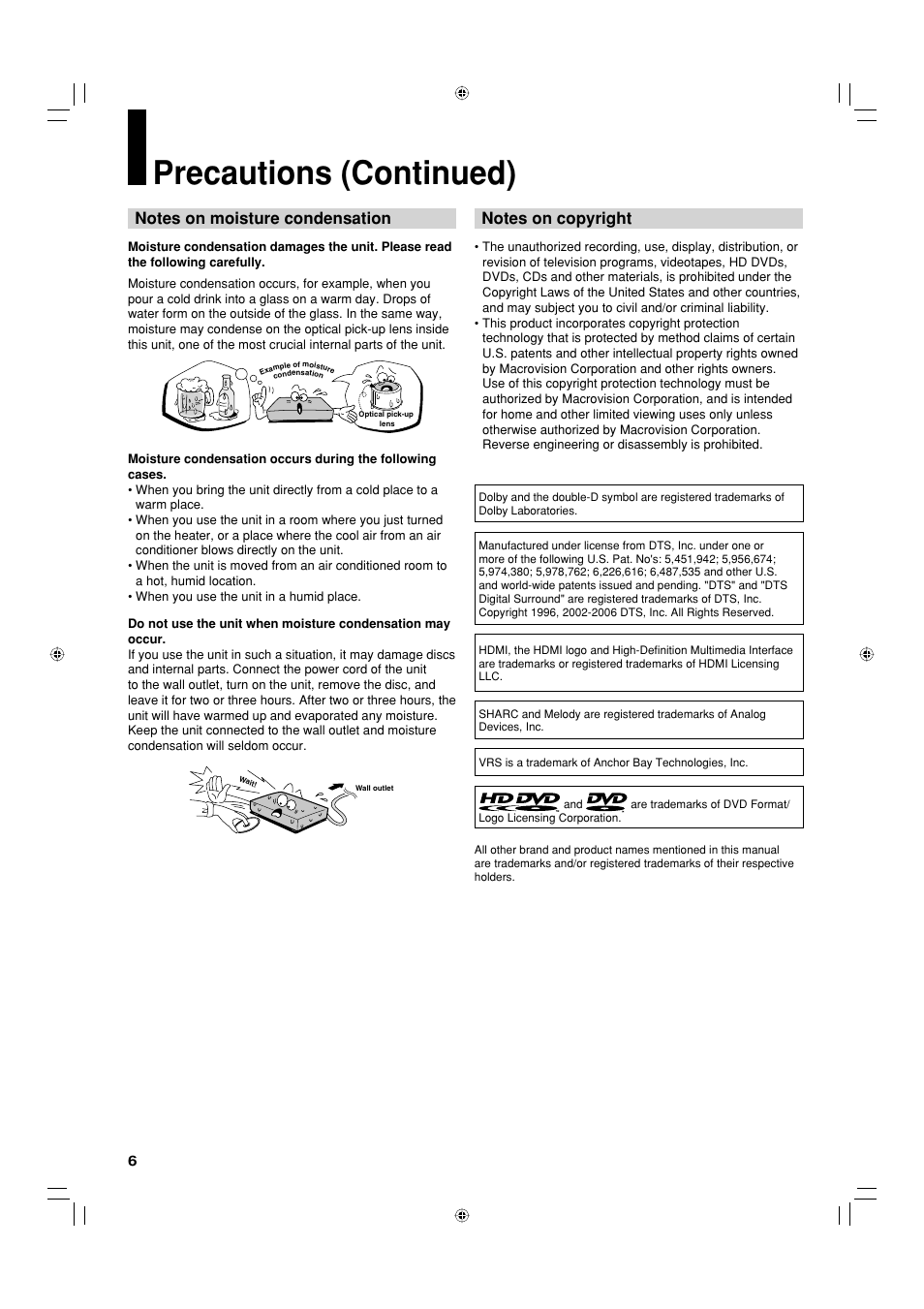 Precautions (continued) | Toshiba HD-EP30KE User Manual | Page 6 / 40