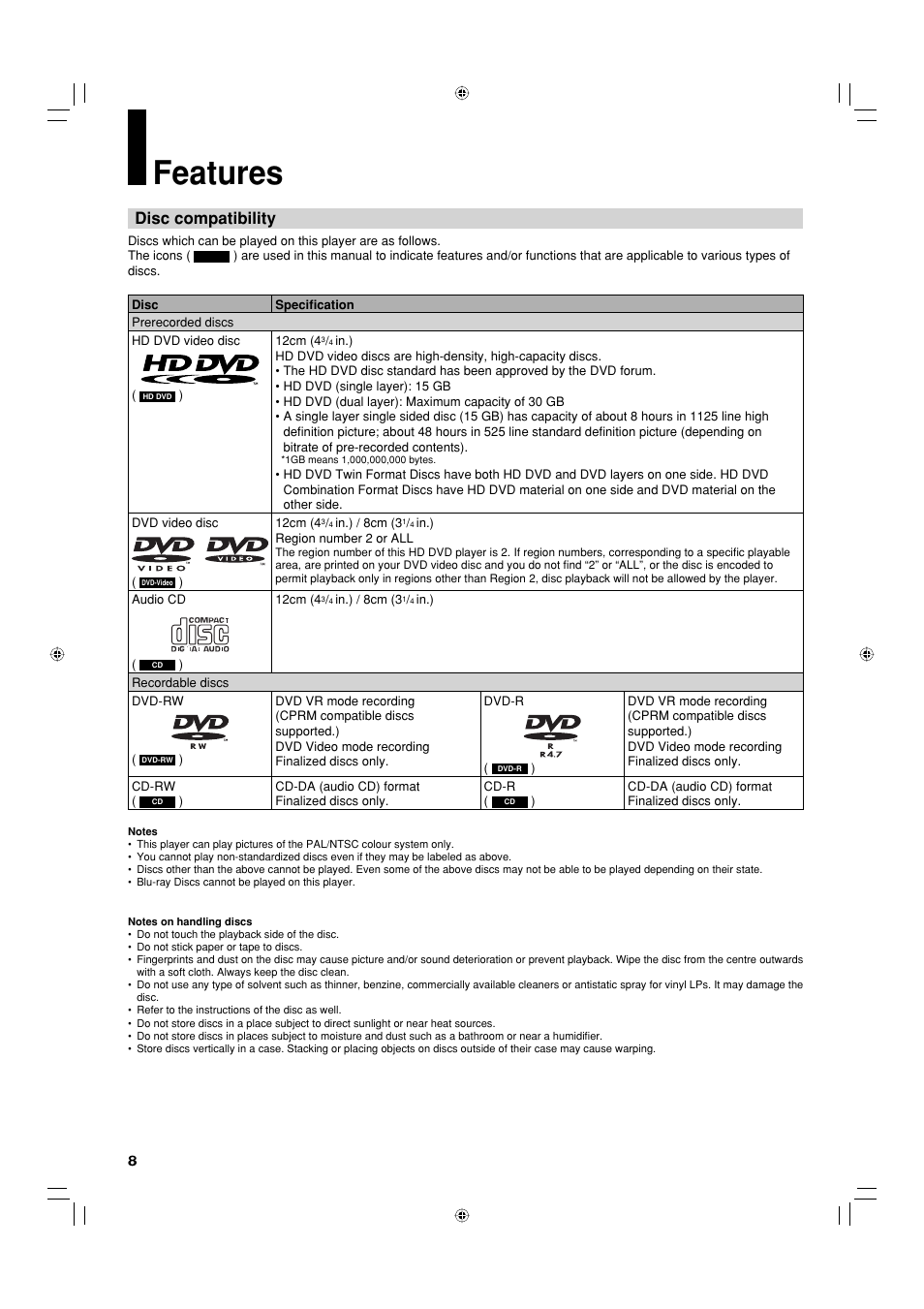 Features, Disc compatibility | Toshiba HD-EP30KE User Manual | Page 8 / 40