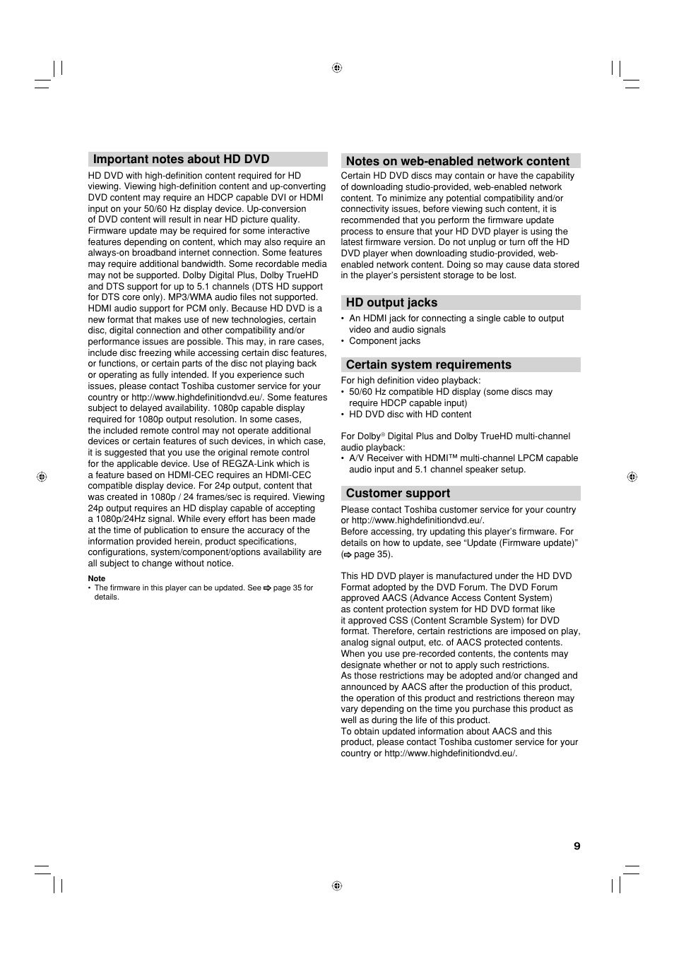 Hd output jacks, Certain system requirements, Customer support | Toshiba HD-EP30KE User Manual | Page 9 / 40