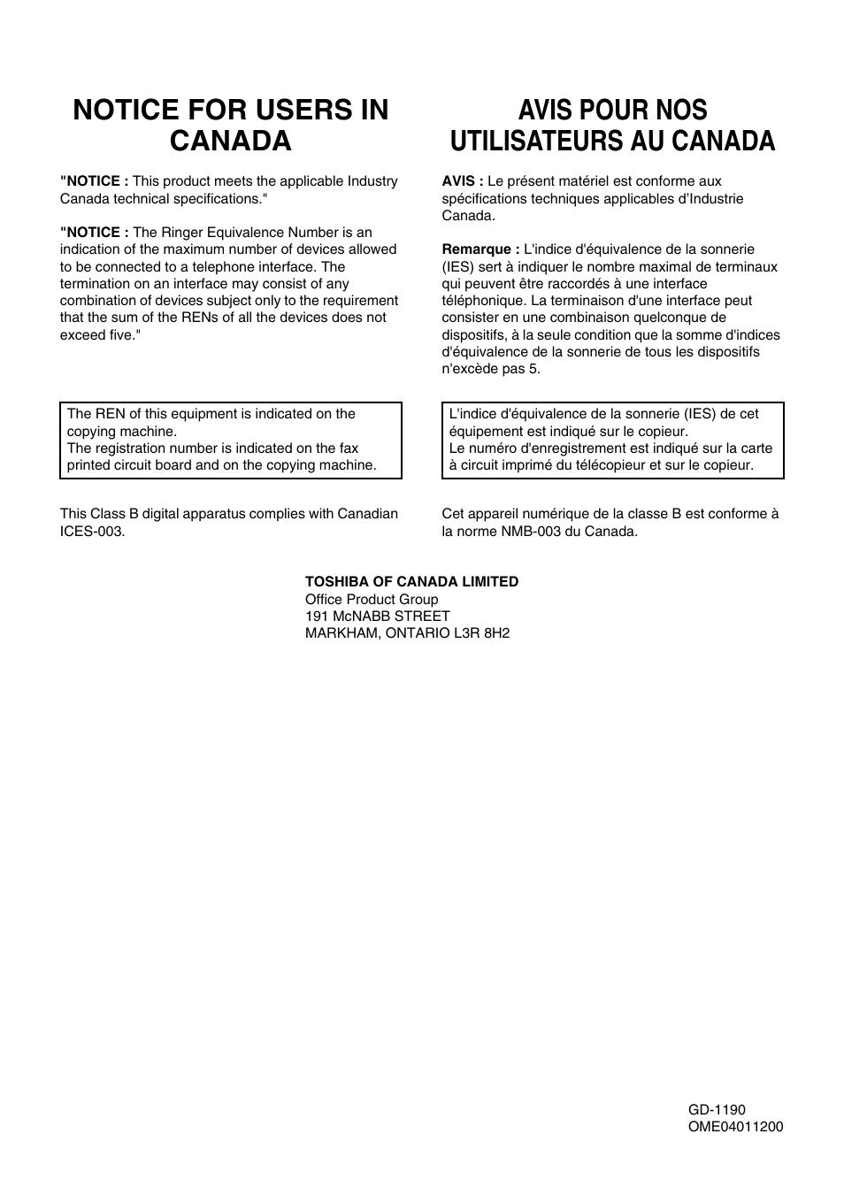 Notice for users in canada, Avis pour nos utilisateurs au canada | Toshiba 151D User Manual | Page 103 / 104