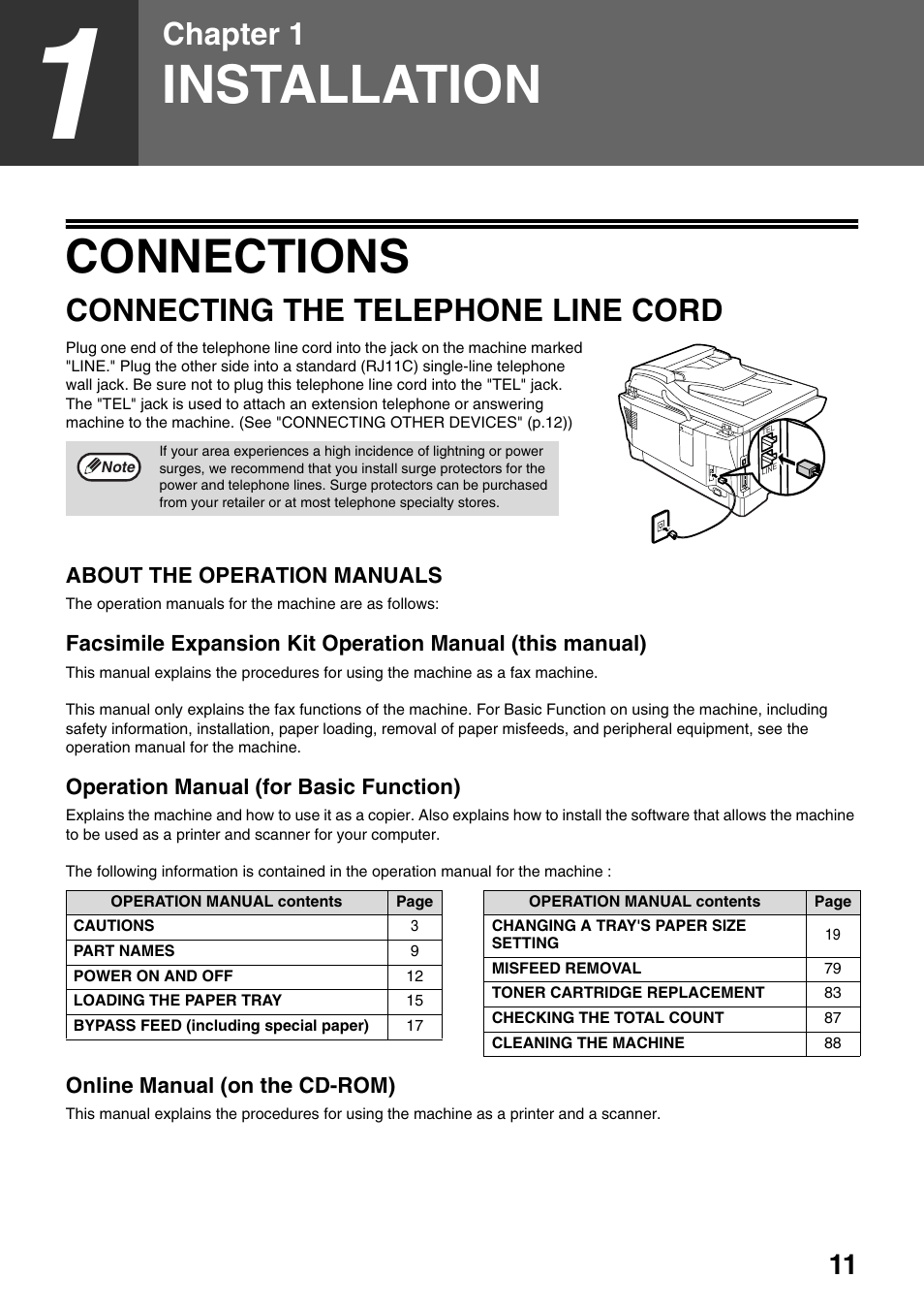 Installation, Connecting the telephone line cord, About the operation manuals | Operation manual (for basic function), Online manual (on the cd-rom), Connections, Chapter 1 | Toshiba 151D User Manual | Page 15 / 104