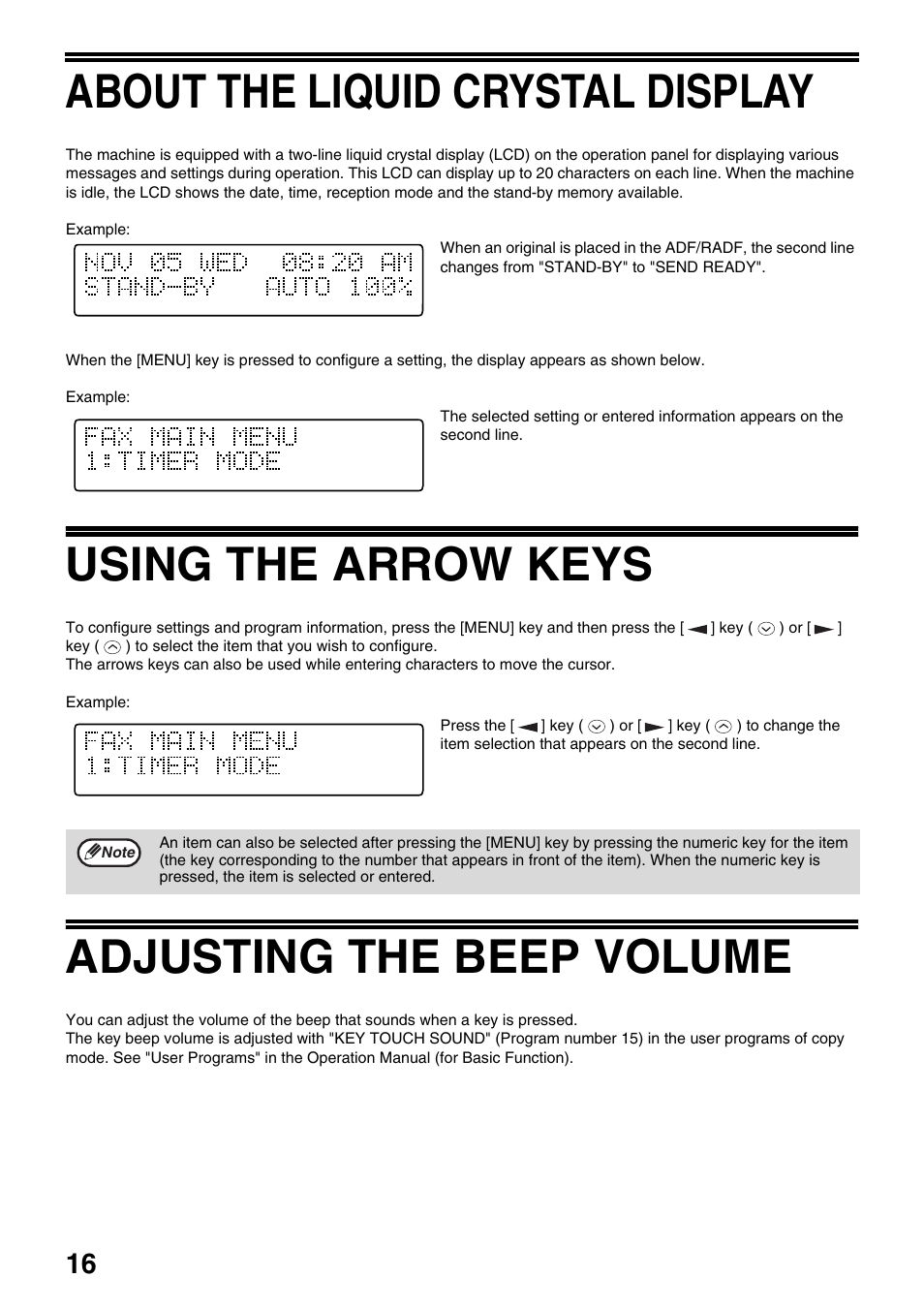 About the liquid crystal display, Using the arrow keys, Adjusting the beep volume | Toshiba 151D User Manual | Page 20 / 104