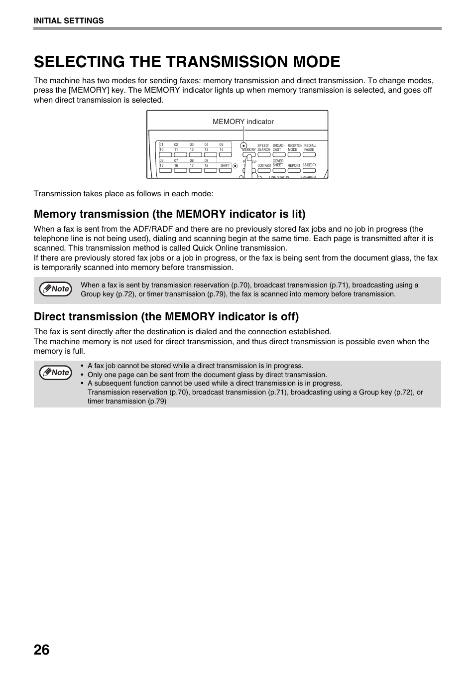 Selecting the transmission mode, Memory transmission (the memory indicator is lit), Direct transmission (the memory indicator is off) | Initial settings | Toshiba 151D User Manual | Page 30 / 104