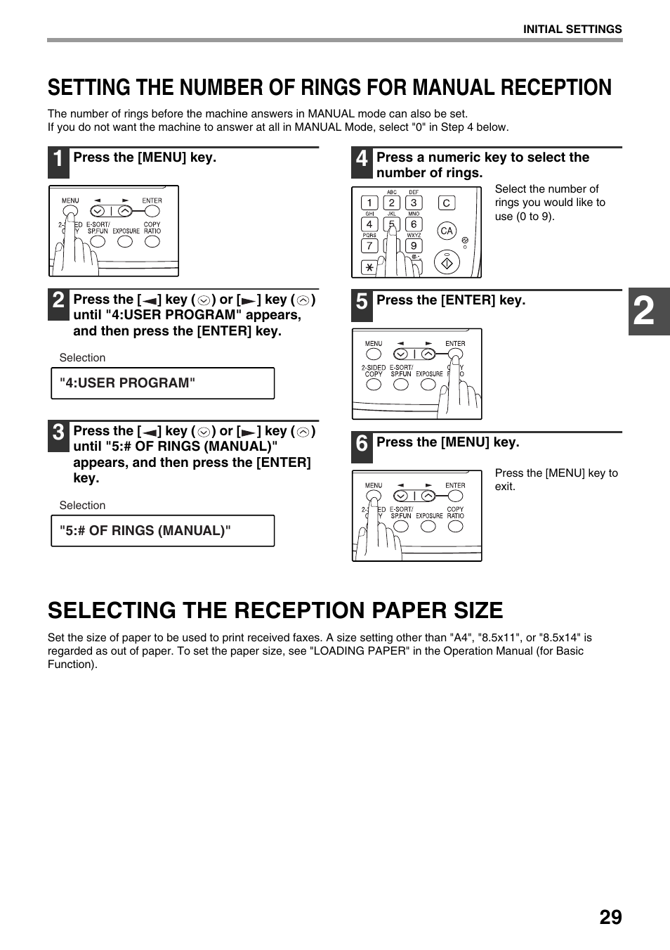 Setting the number of rings for manual reception, Selecting the reception paper size | Toshiba 151D User Manual | Page 33 / 104