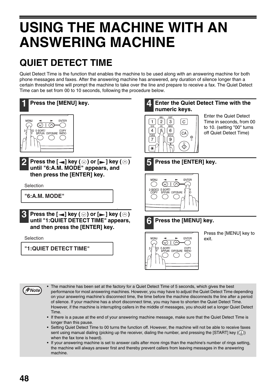 Using the machine with an answering machine, Quiet detect time | Toshiba 151D User Manual | Page 52 / 104