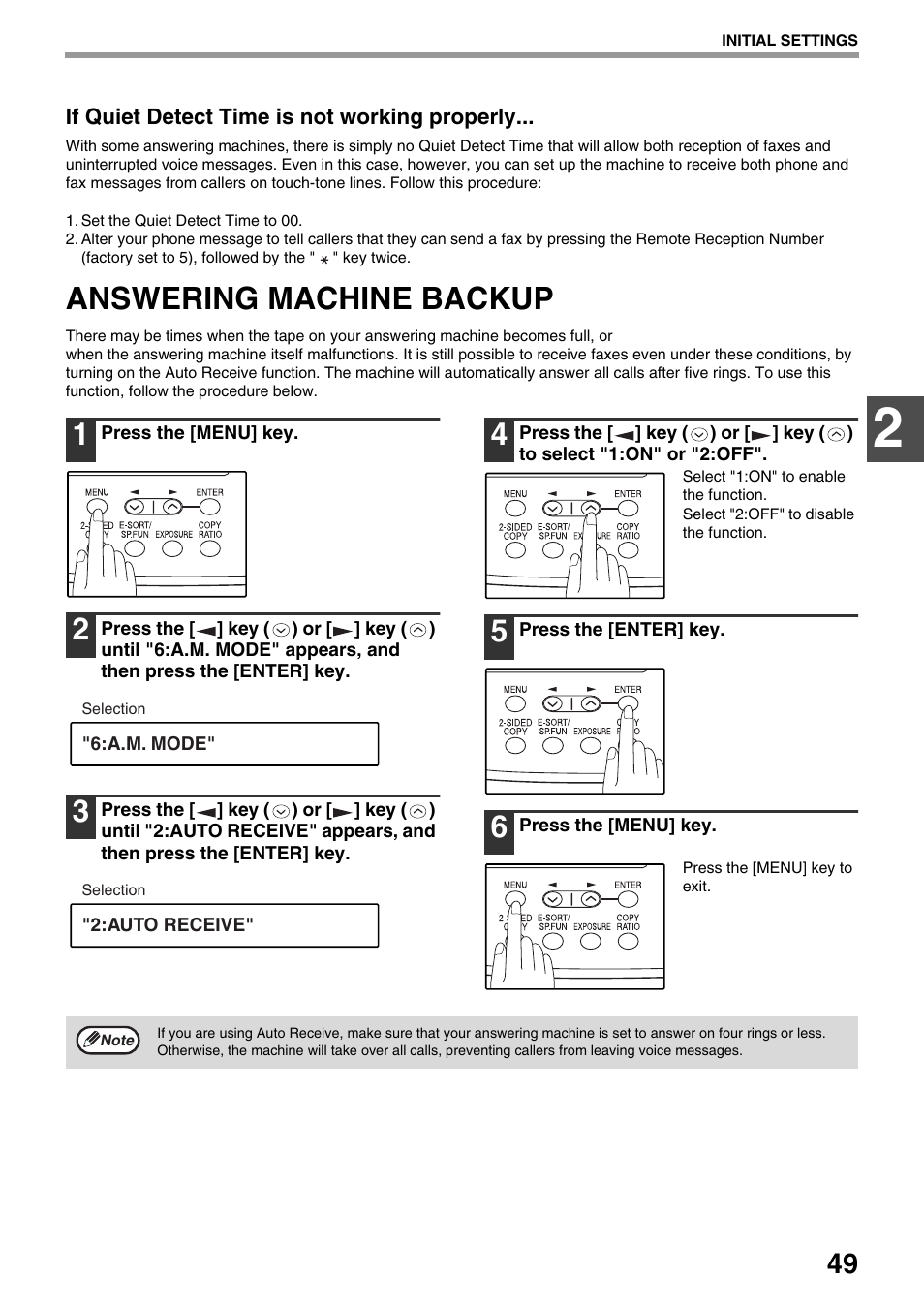 If quiet detect time is not working properly, Answering machine backup | Toshiba 151D User Manual | Page 53 / 104