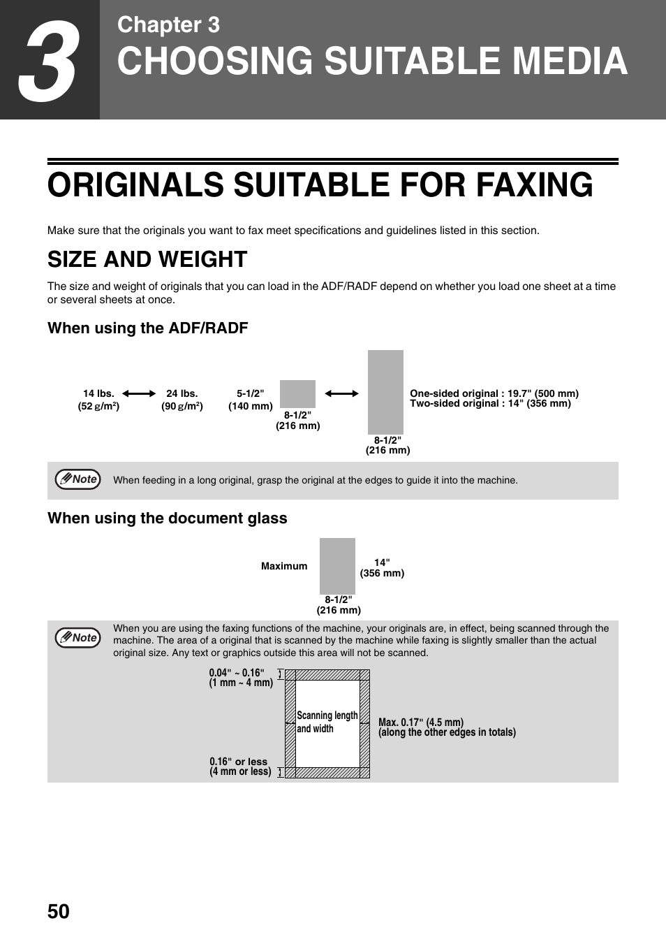 Choosing suitable media, Size and weight, When using the adf/radf | When using the document glass, Originals suitable for faxing, Chapter 3 | Toshiba 151D User Manual | Page 54 / 104