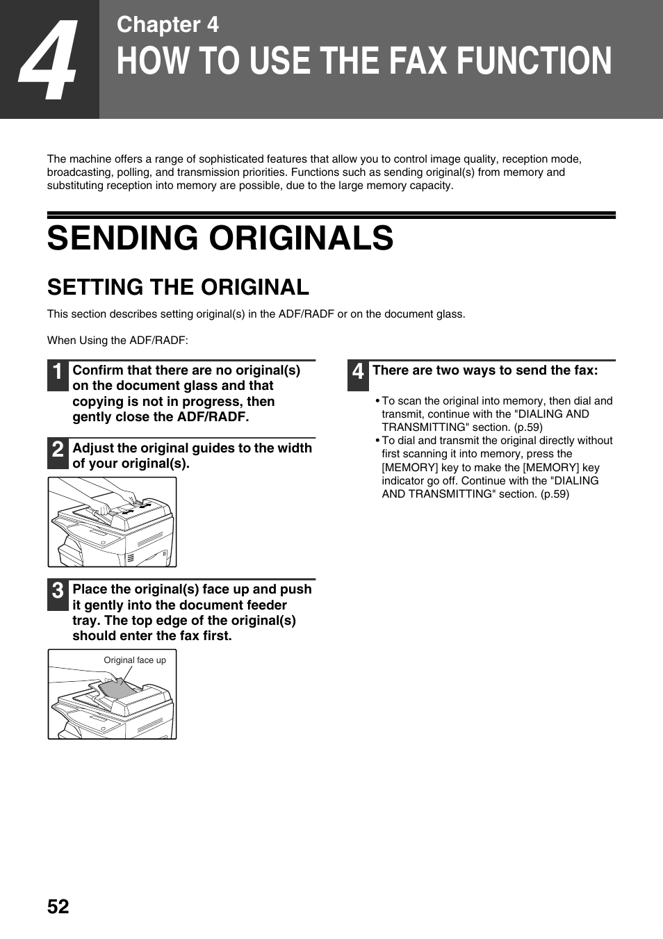 How to use the fax function, Setting the original, Sending originals | Toshiba 151D User Manual | Page 56 / 104