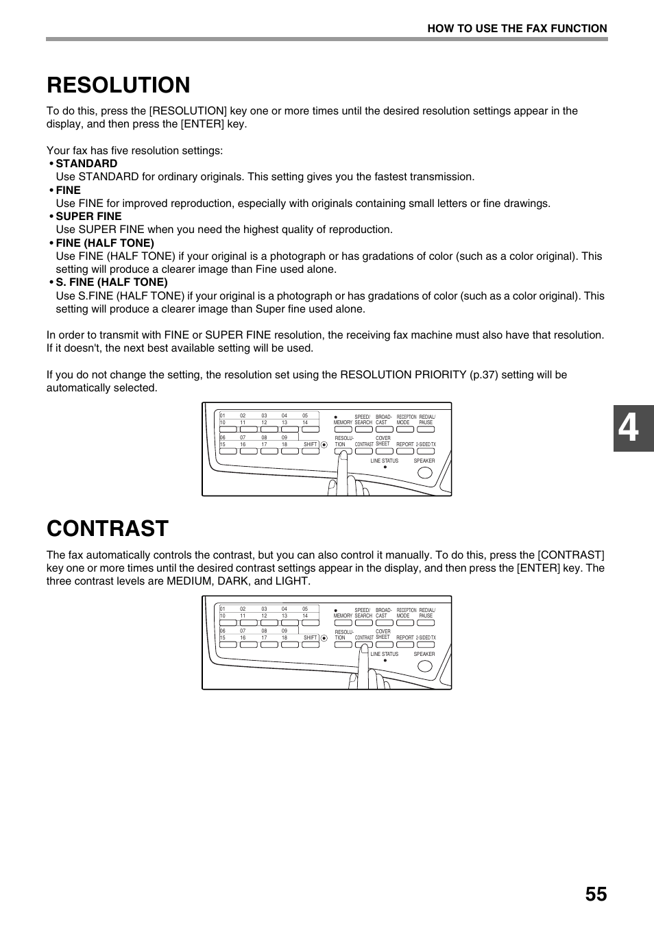 Resolution, Contrast, How to use the fax function | Toshiba 151D User Manual | Page 59 / 104