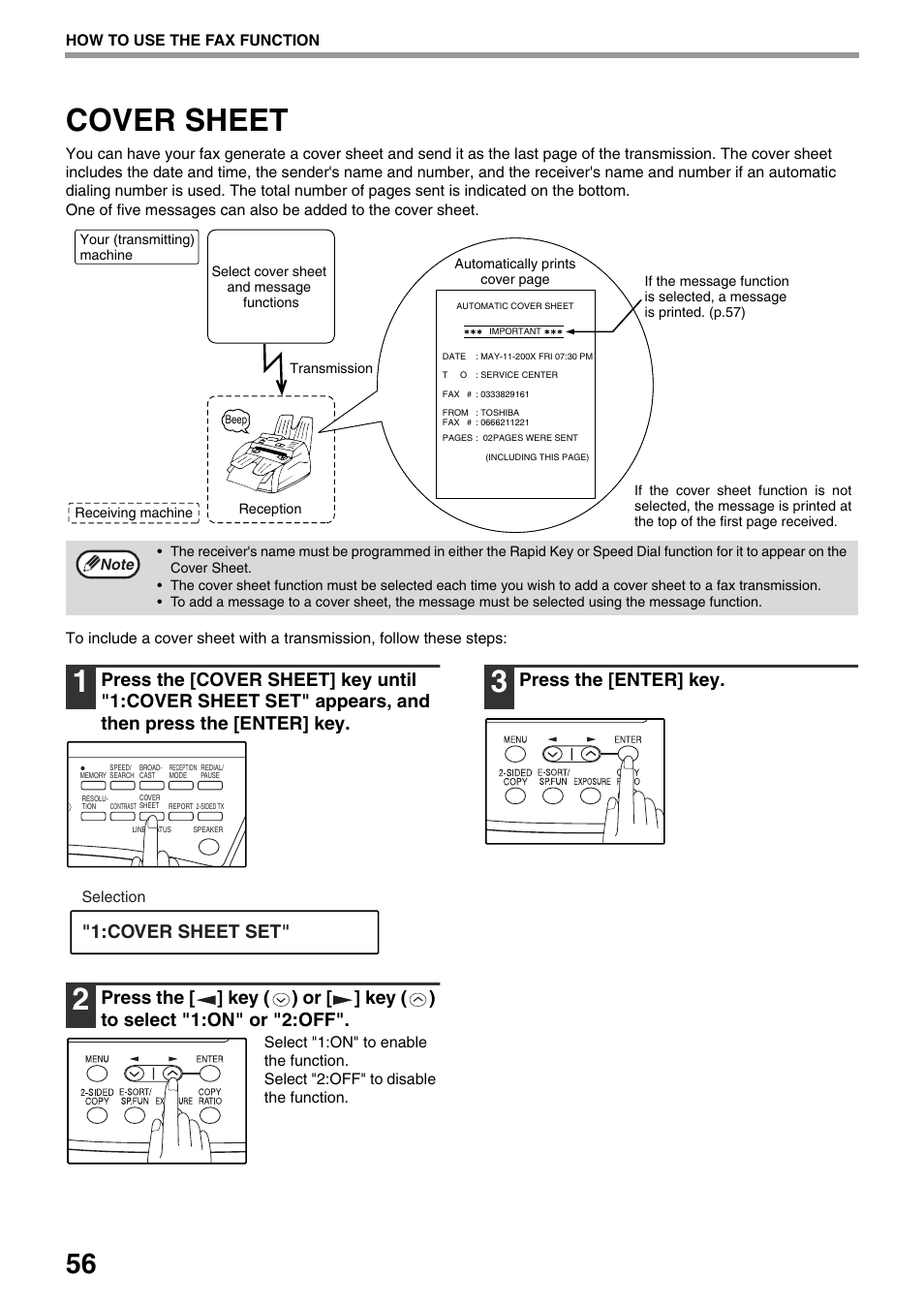 Cover sheet, Press the [enter] key, Cover sheet set | Toshiba 151D User Manual | Page 60 / 104
