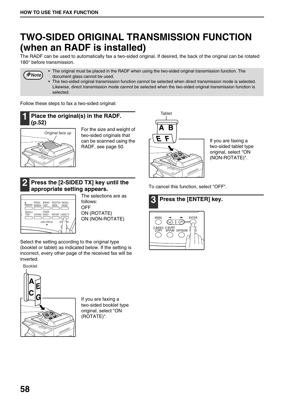 Place the original(s) in the radf. (p.52), Press the [enter] key | Toshiba 151D User Manual | Page 62 / 104