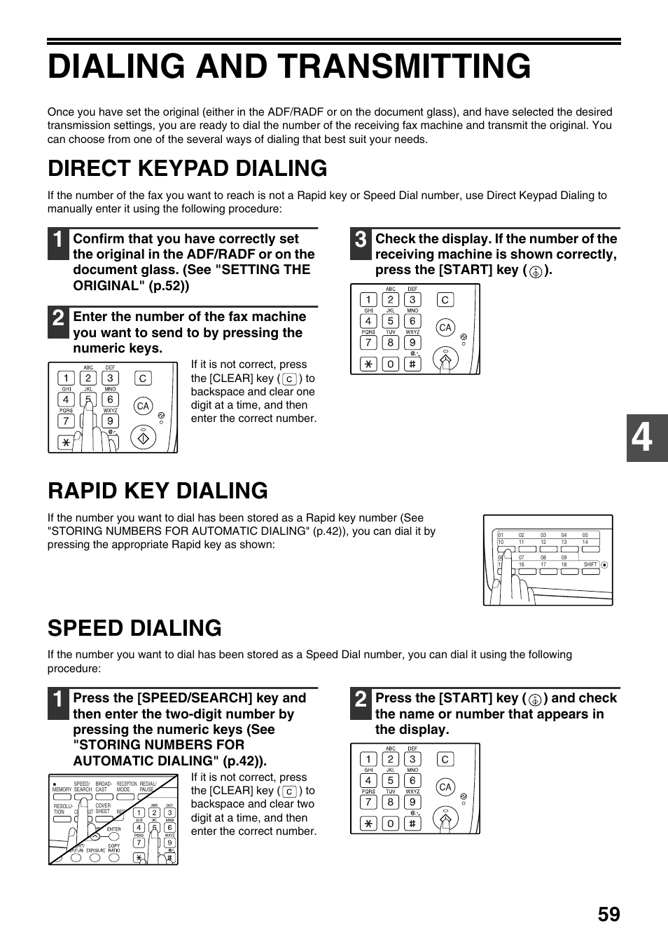 Dialing and transmitting, Direct keypad dialing, Rapid key dialing | Speed dialing | Toshiba 151D User Manual | Page 63 / 104