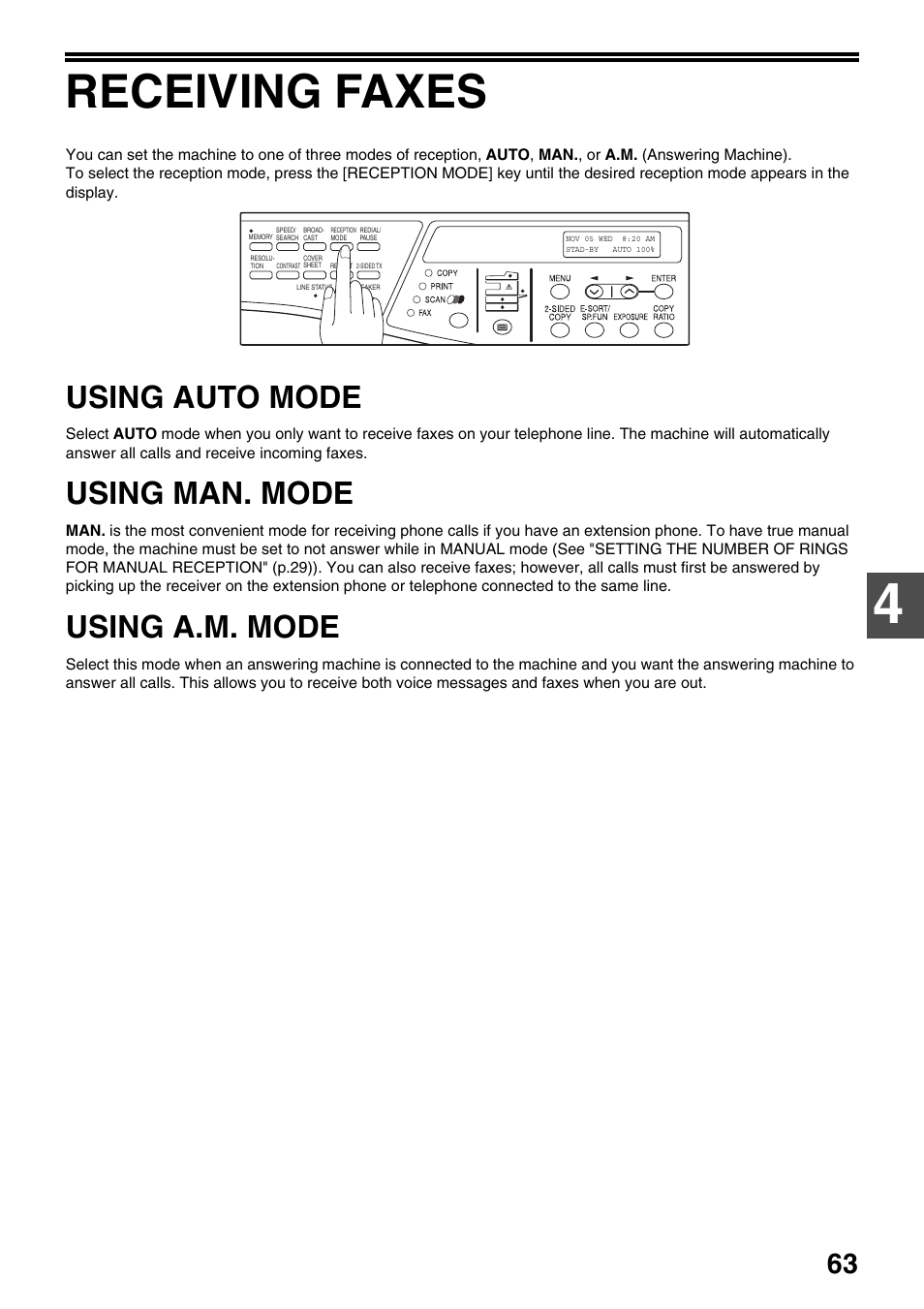 Receiving faxes, Using auto mode, Using man. mode | Using a.m. mode, Receiving faxes" (p.63) | Toshiba 151D User Manual | Page 67 / 104