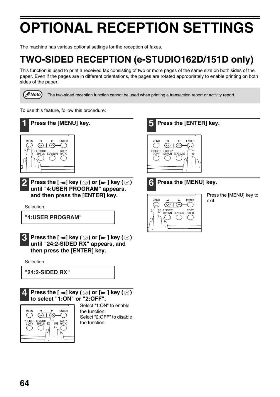 Optional reception settings, Two-sided reception (e-studio162d/151d only) | Toshiba 151D User Manual | Page 68 / 104