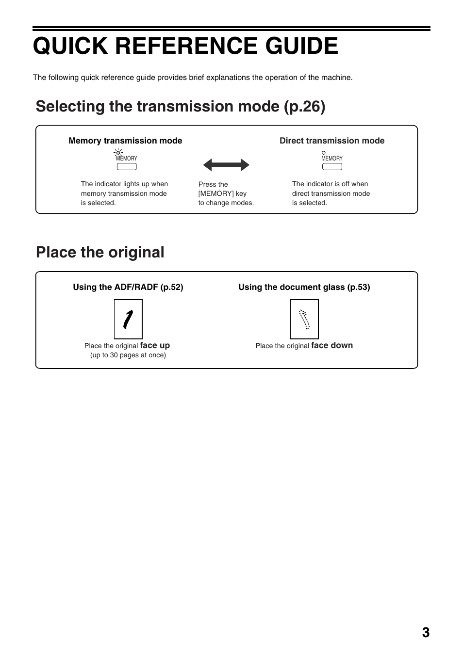 Quick reference guide, Selecting the transmission mode (p.26), Place the original | Toshiba 151D User Manual | Page 7 / 104