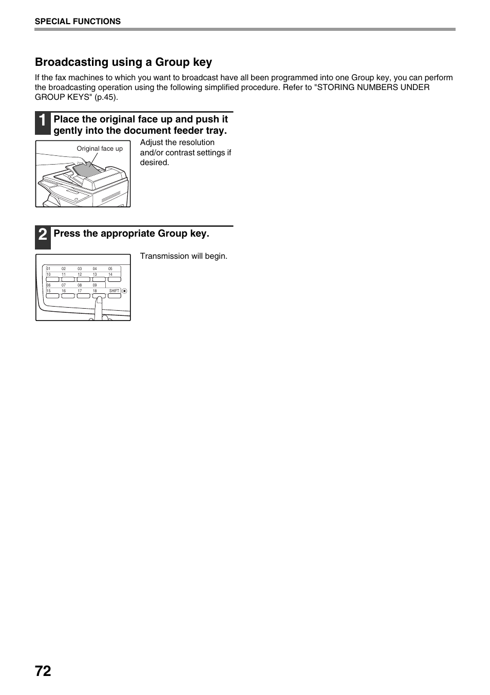 Broadcasting using a group key, Y (p.72), or ti, Group key (p.72) | Press the appropriate group key | Toshiba 151D User Manual | Page 76 / 104