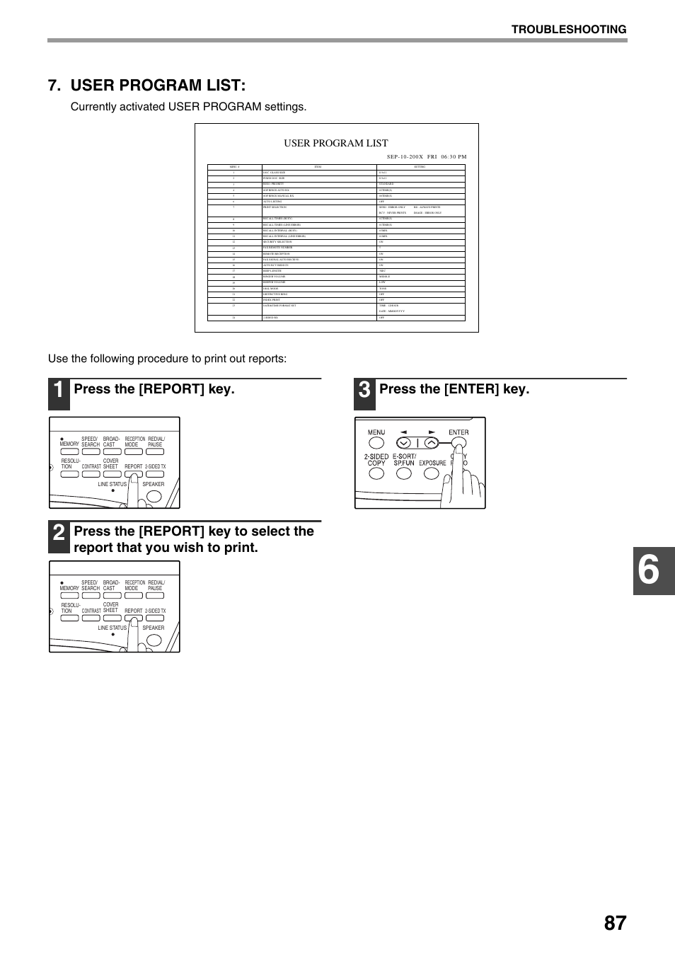 User program list, Press the [report] key, Press the [enter] key | Troubleshooting | Toshiba 151D User Manual | Page 91 / 104