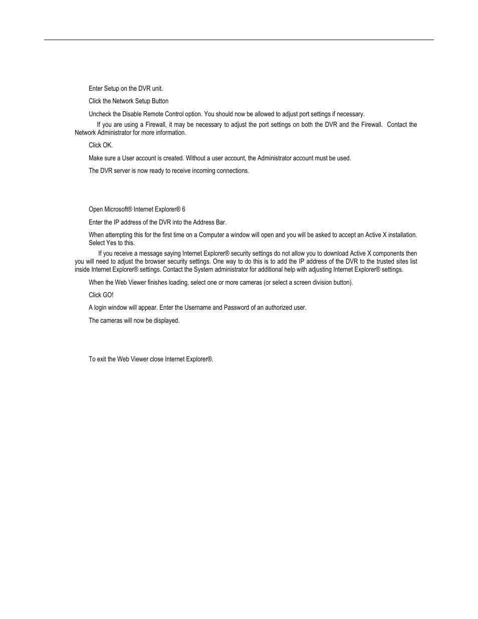 Configuring the server for remote connection, Connecting to a dvr using web viewer, Closing the web viewer | Toshiba DVR8-X User Manual | Page 119 / 141