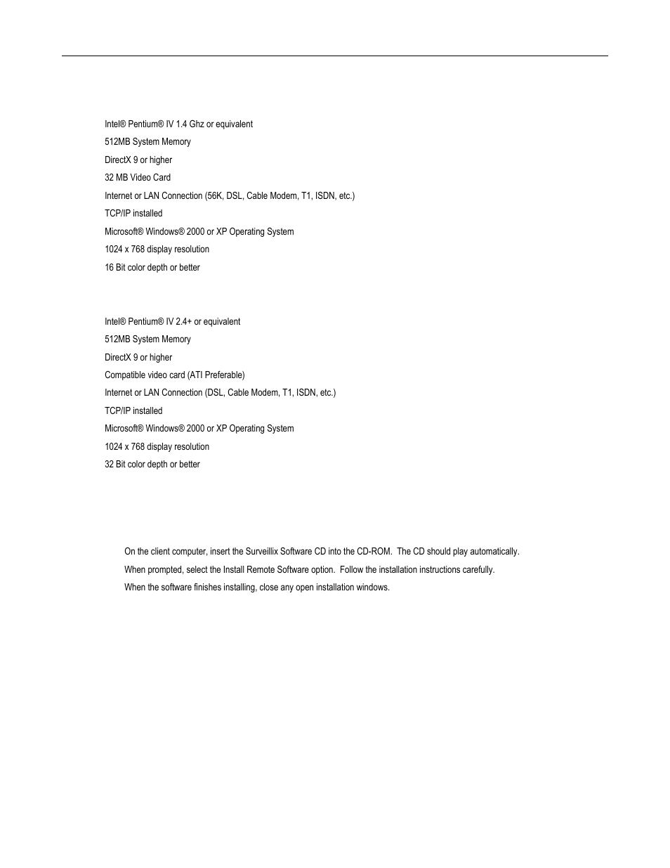 Remote client minimum requirements, Remote client recommended requirements, Remote software setup | Installing remote software | Toshiba DVR8-X User Manual | Page 126 / 141