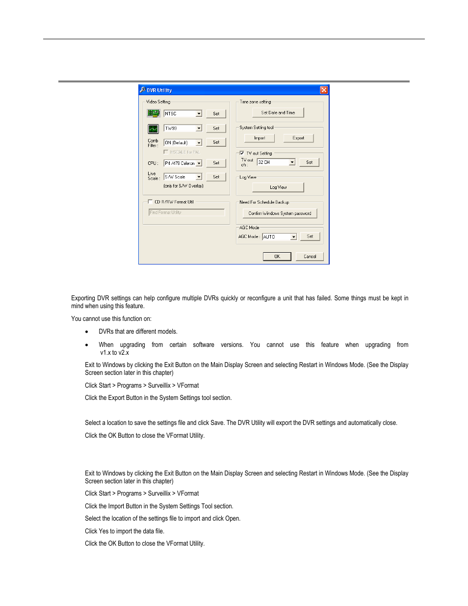 Using the dvr utility, Importing dvr settings, Exporting dvr settings | Toshiba DVR8-X User Manual | Page 47 / 141