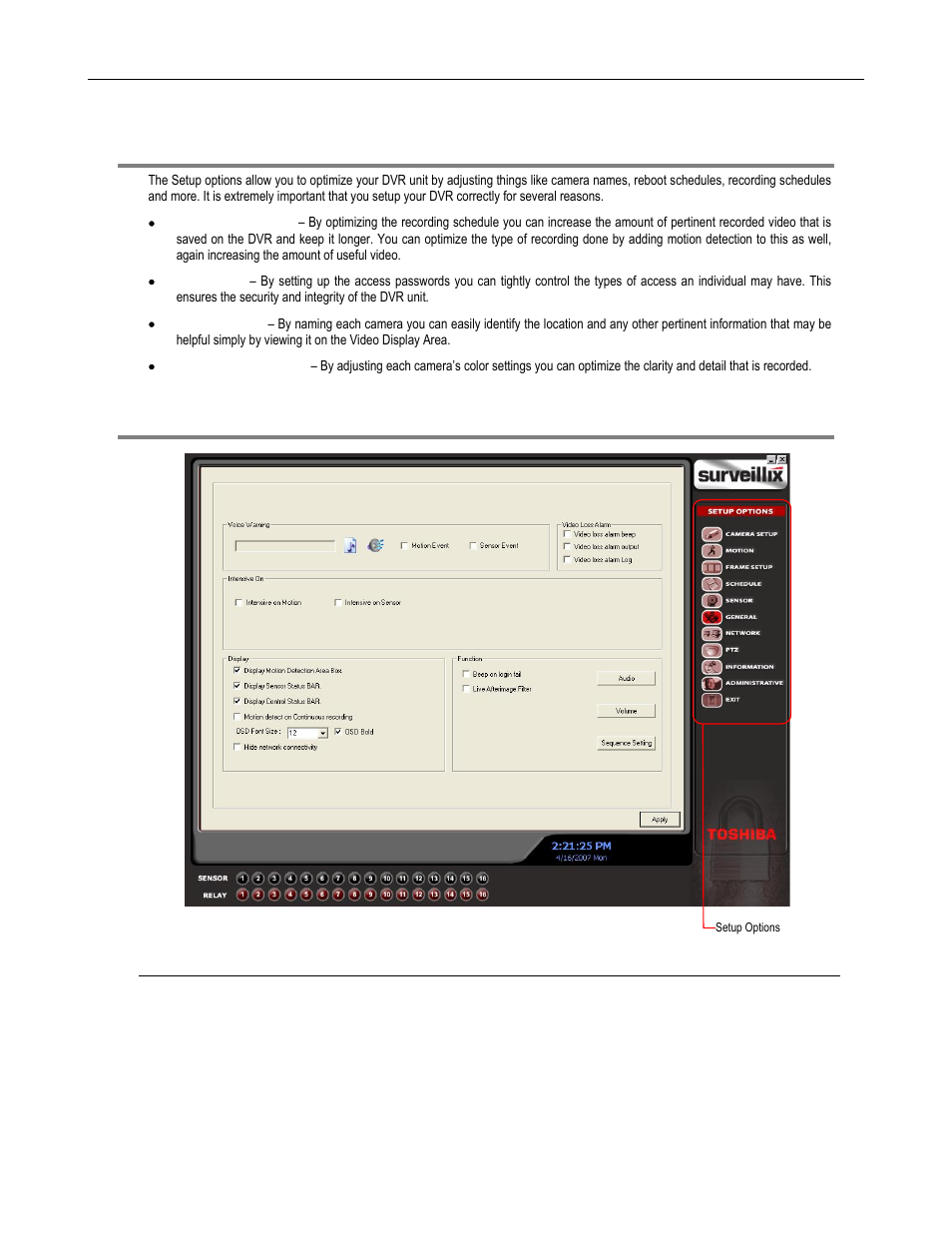 Setup overview, Setup screen overview | Toshiba DVR8-X User Manual | Page 54 / 141