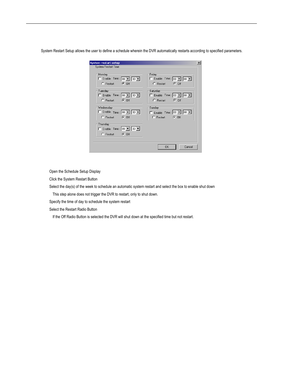 System restart setup, Create system restart schedule | Toshiba DVR8-X User Manual | Page 68 / 141