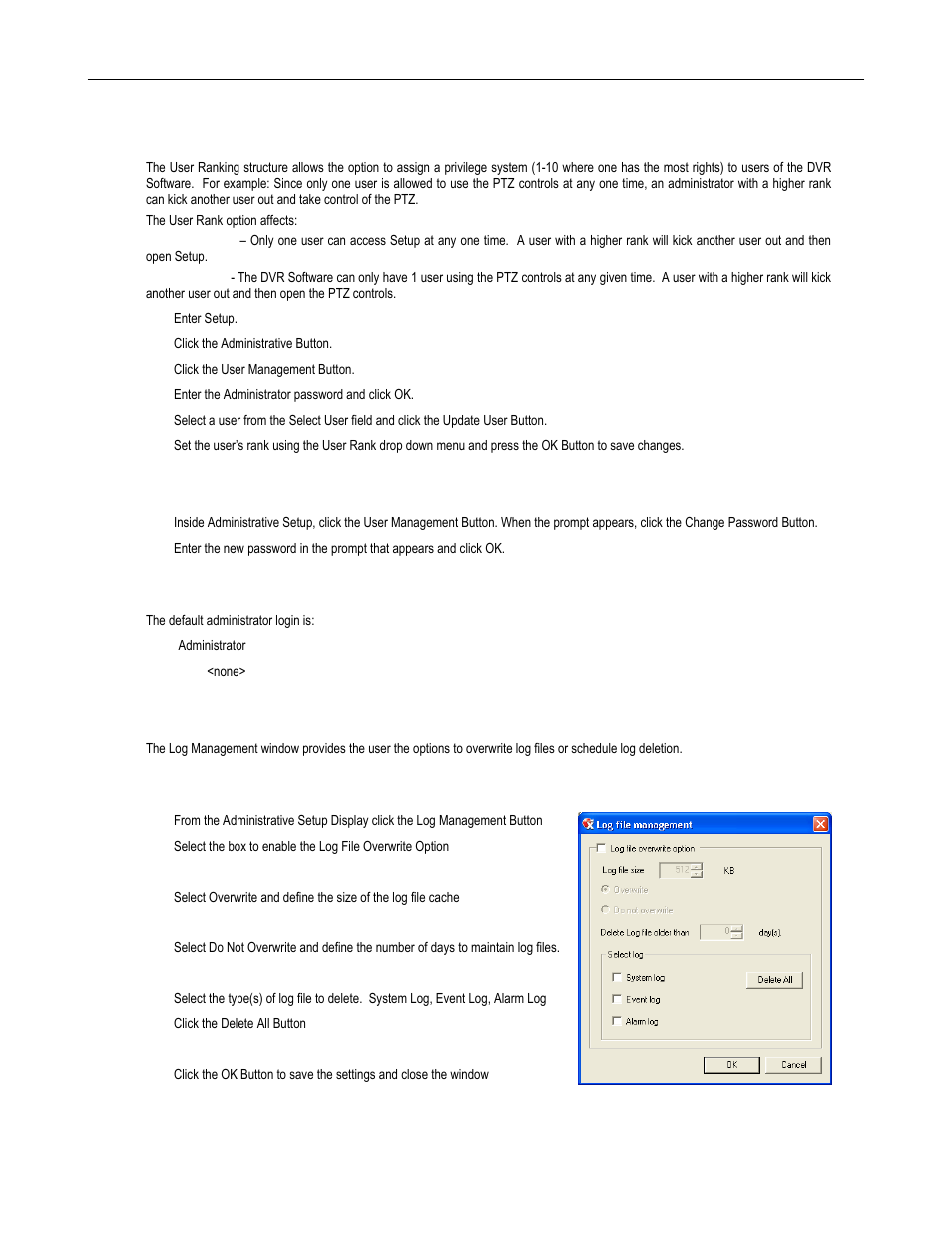 User rank, Changing the administrator password, Default administrator password | Log management, Setup log management options | Toshiba DVR8-X User Manual | Page 80 / 141