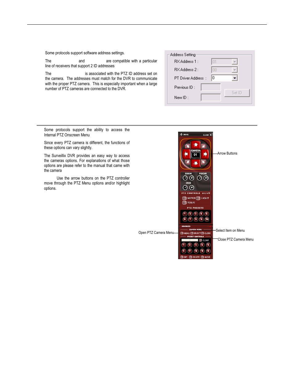 Accessing ptz menus, Ptz address settings | Toshiba DVR8-X User Manual | Page 98 / 141