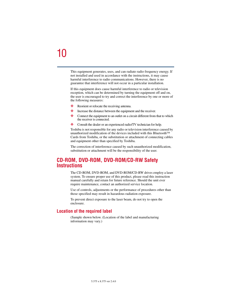 Cd-rom, dvd-rom, dvd-rom/cd-rw safety instructions | Toshiba PORT User Manual | Page 10 / 243