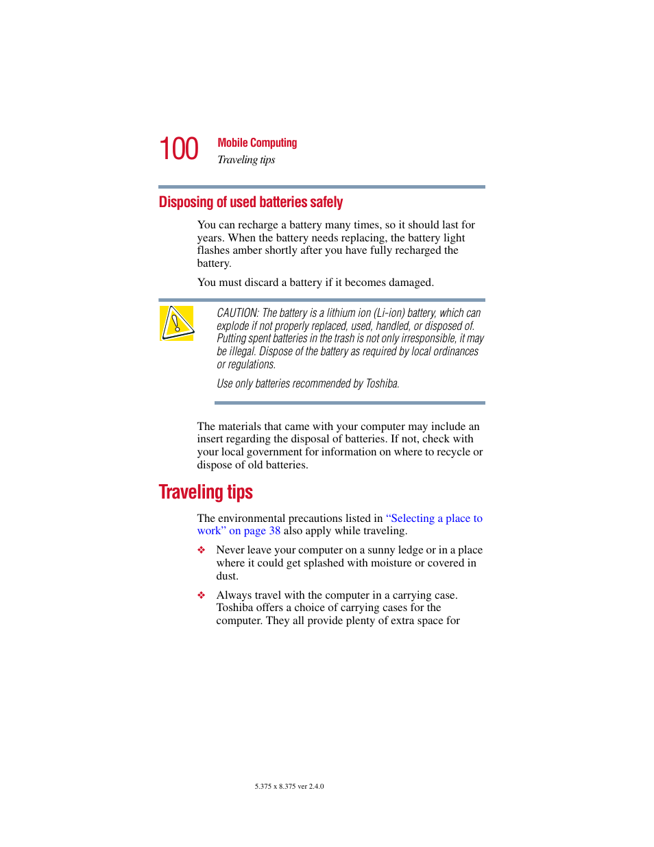 Disposing of used batteries safely, Traveling tips | Toshiba PORT User Manual | Page 100 / 243