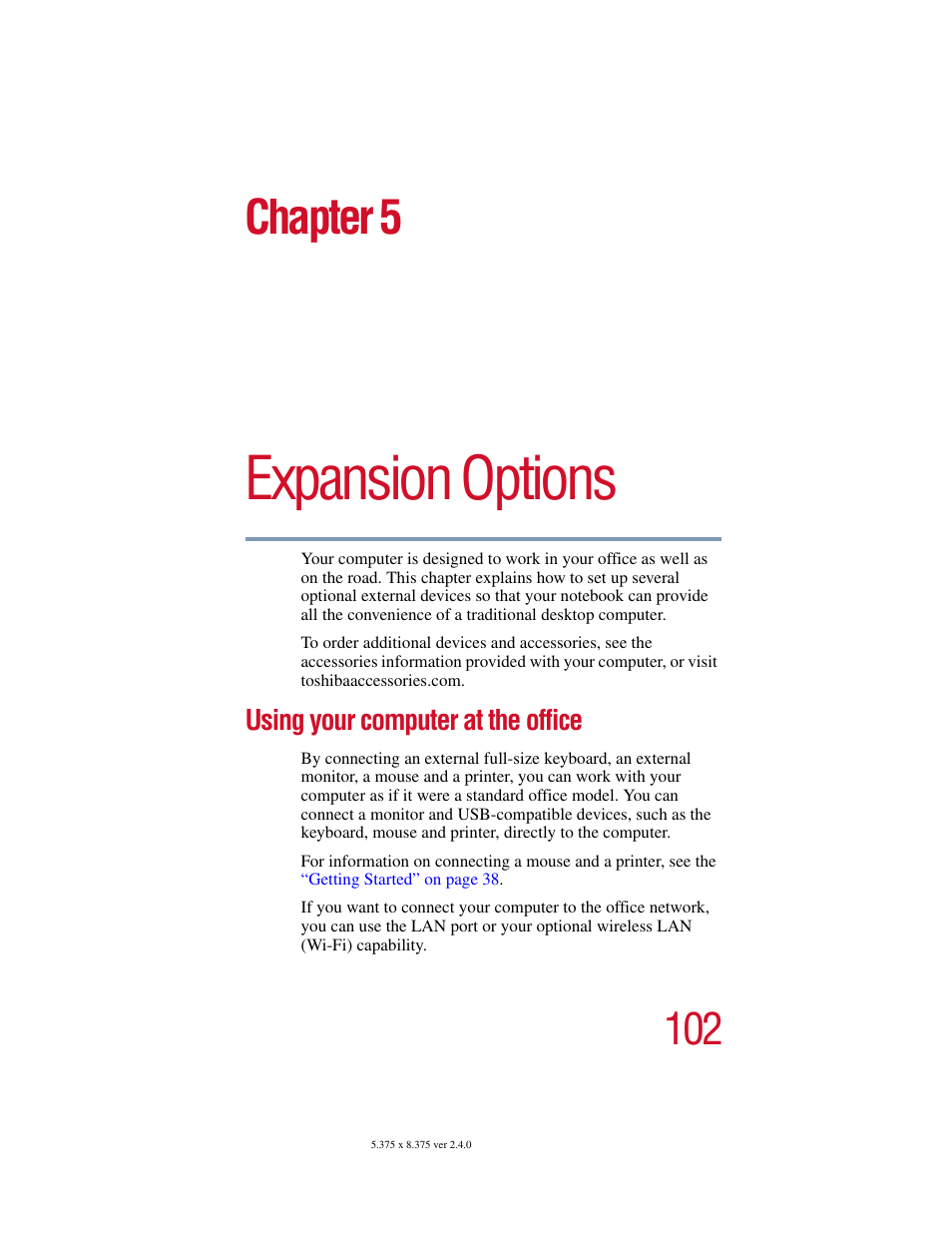 Chapter 5 - expansion options, Using your computer at the office, Chapter 5: expansion options | Expansion, Expansion options, Chapter 5 | Toshiba PORT User Manual | Page 102 / 243