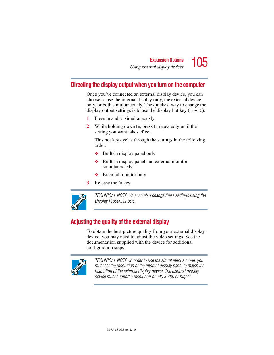 Adjusting the quality of the external display, Directing the display output when you turn on the, Computer | Toshiba PORT User Manual | Page 105 / 243
