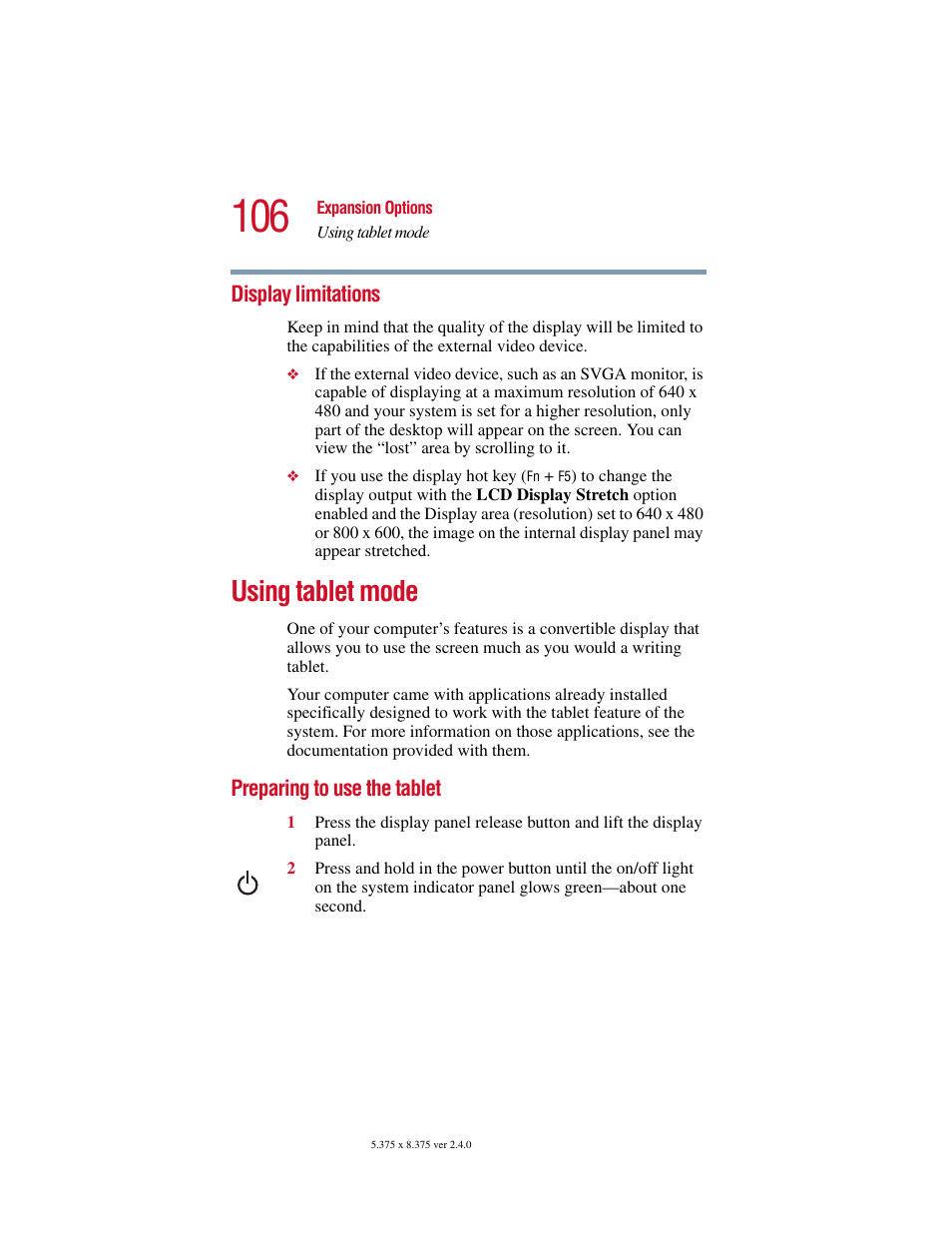 Display limitations, Using tablet mode, Preparing to use the tablet | Toshiba PORT User Manual | Page 106 / 243