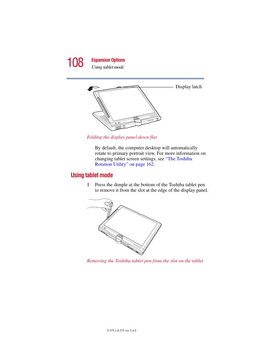 Using tablet mode | Toshiba PORT User Manual | Page 108 / 243