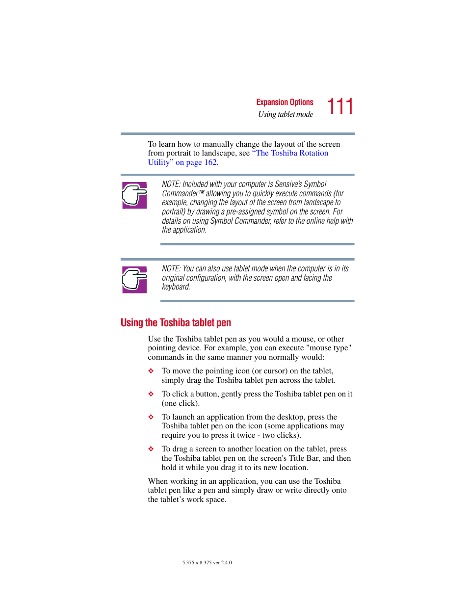 Using the toshiba tablet pen | Toshiba PORT User Manual | Page 111 / 243