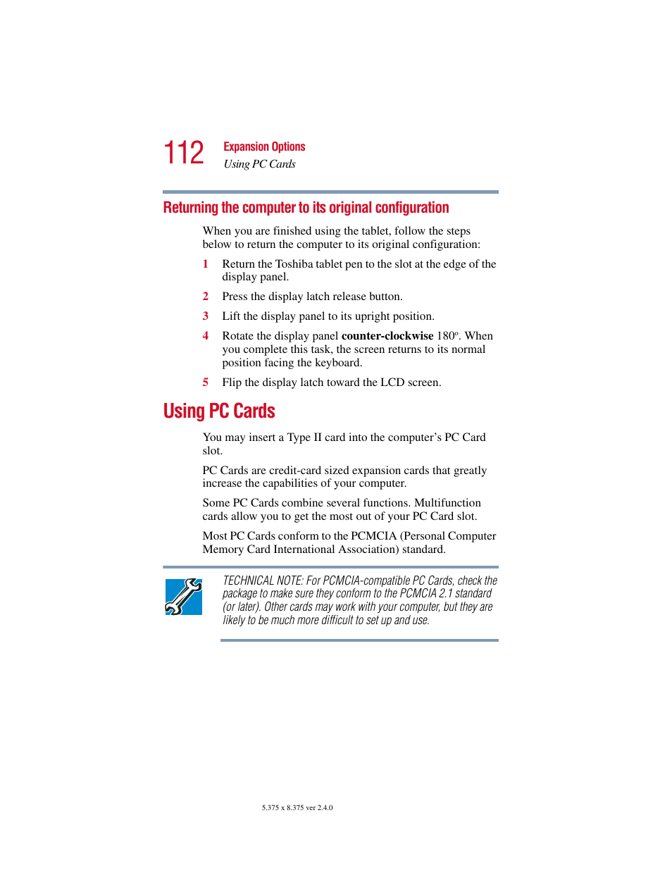 Using pc cards, Returning the computer to its original, Configuration | Toshiba PORT User Manual | Page 112 / 243