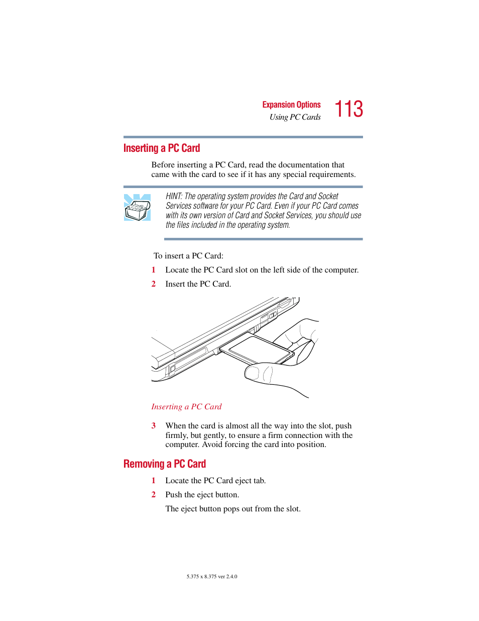 Inserting a pc card, Removing a pc card, Inserting a pc card removing a pc card | Toshiba PORT User Manual | Page 113 / 243