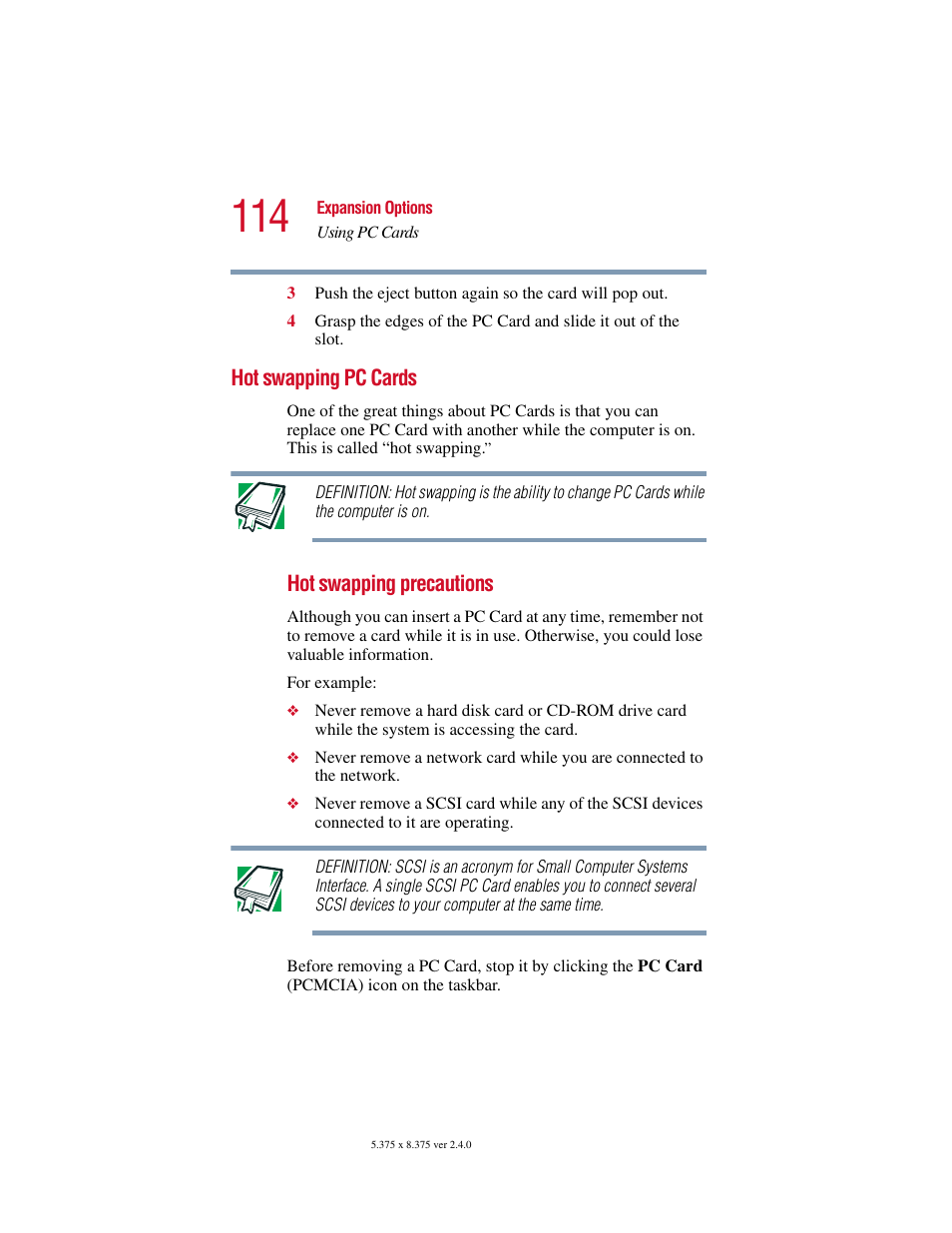 Hot swapping pc cards | Toshiba PORT User Manual | Page 114 / 243