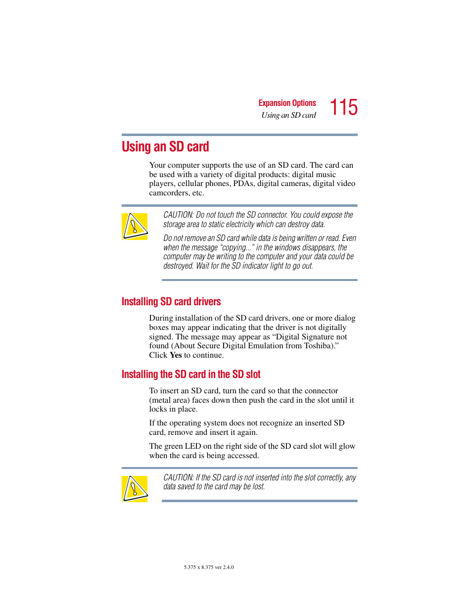 Using an sd card, Installing sd card drivers, Installing the sd card in the sd slot | Toshiba PORT User Manual | Page 115 / 243