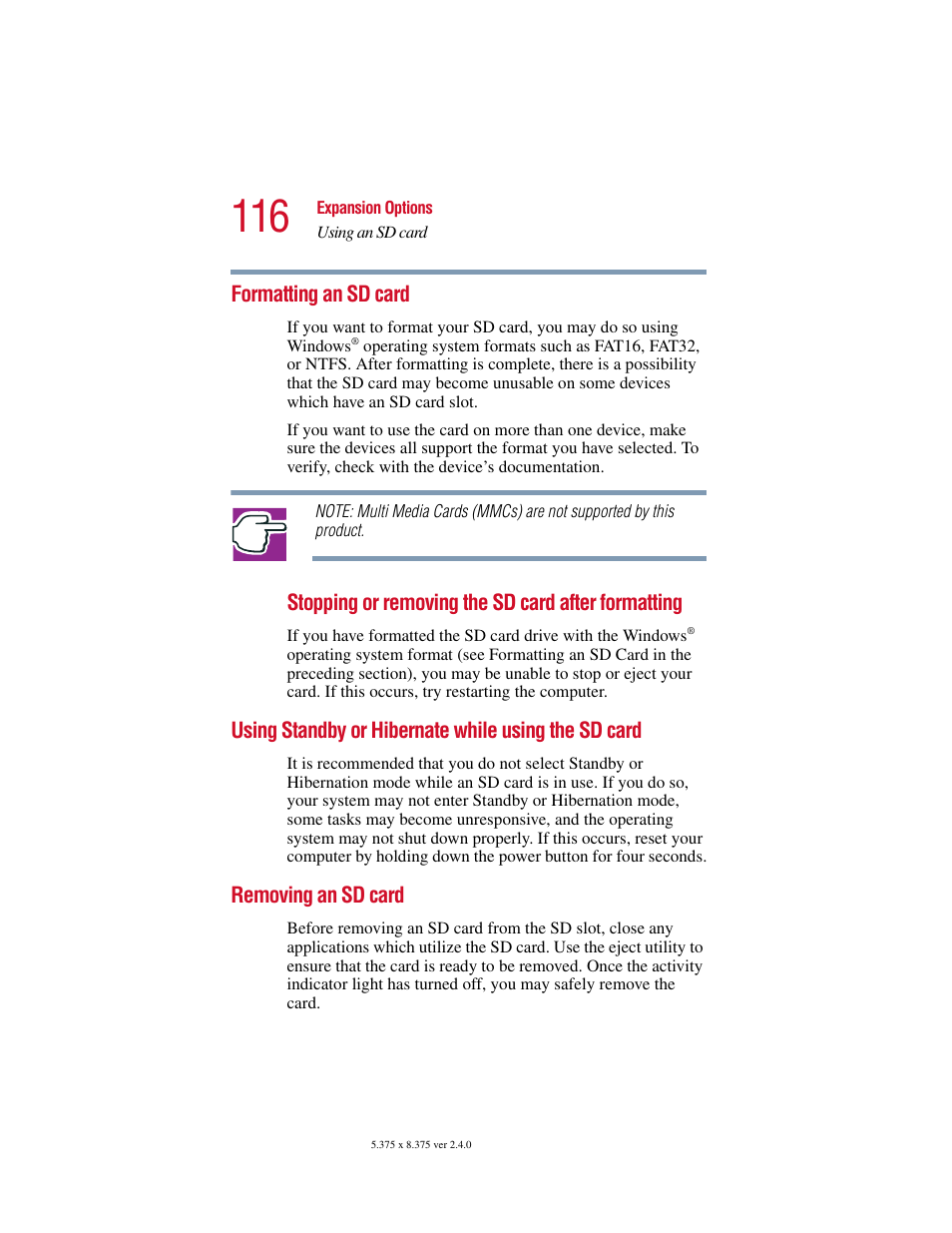 Formatting an sd card, Using standby or hibernate while using the sd card, Removing an sd card | Card | Toshiba PORT User Manual | Page 116 / 243