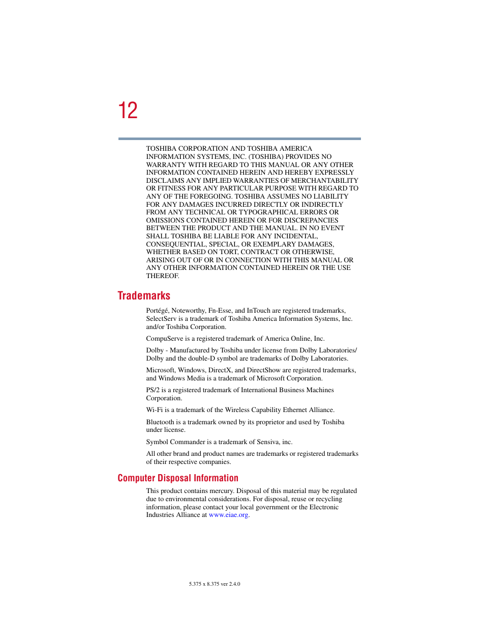 Trademarks | Toshiba PORT User Manual | Page 12 / 243