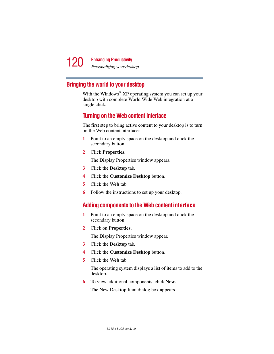 Bringing the world to your desktop, Turning on the web content interface, Adding components to the web content | Interface | Toshiba PORT User Manual | Page 120 / 243