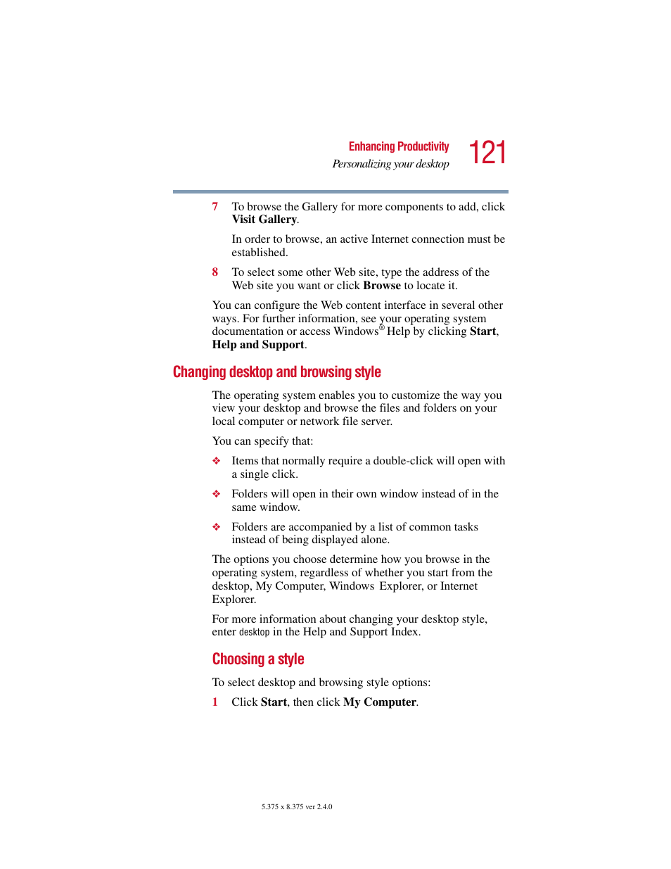 Changing desktop and browsing style, Choosing a style | Toshiba PORT User Manual | Page 121 / 243