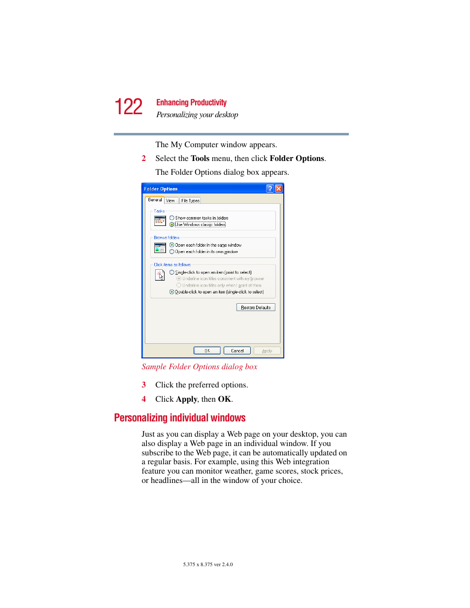 Personalizing individual windows | Toshiba PORT User Manual | Page 122 / 243