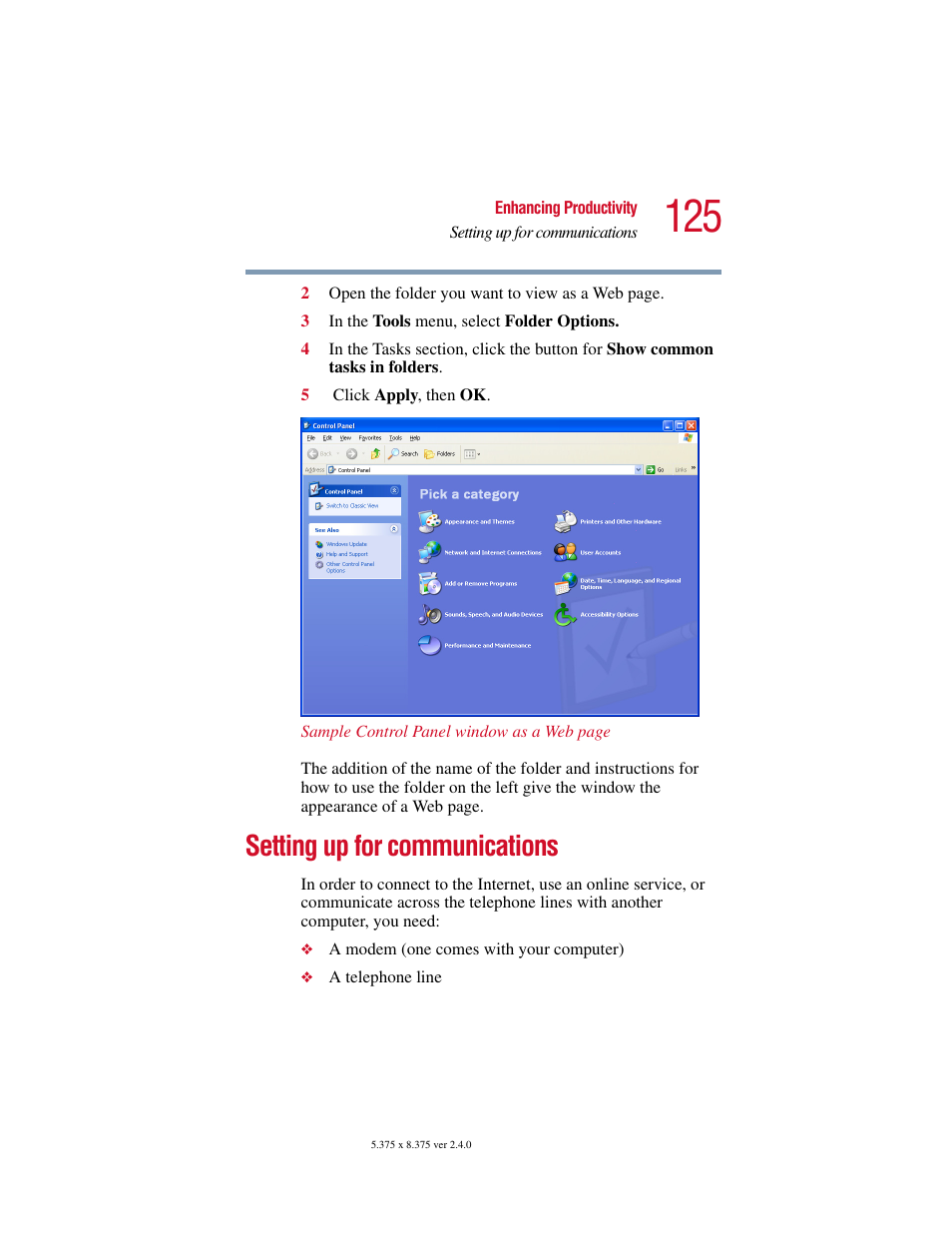 Setting up for communications, Setting up for | Toshiba PORT User Manual | Page 125 / 243