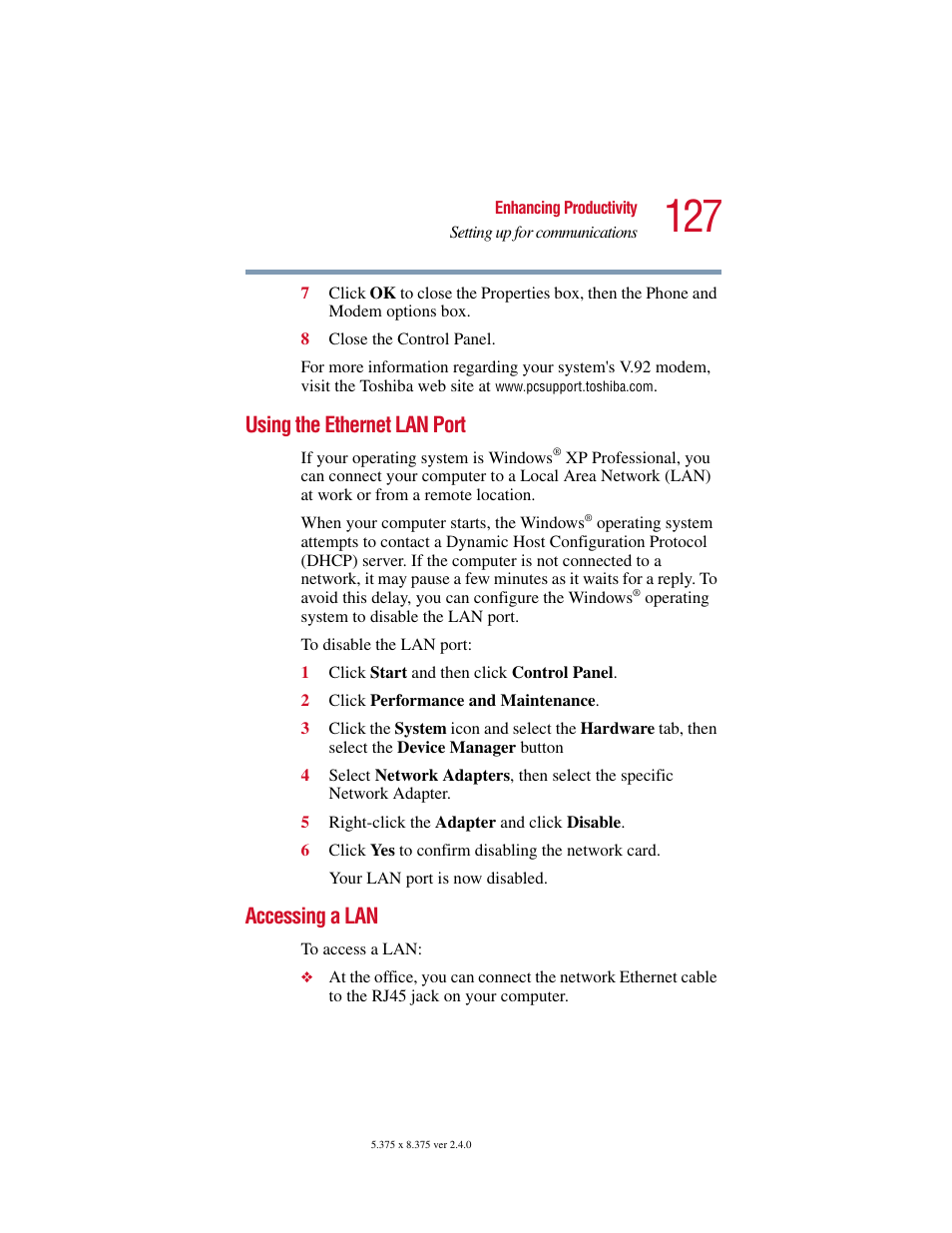 Using the ethernet lan port, Accessing a lan, Using the ethernet lan port accessing a lan | Toshiba PORT User Manual | Page 127 / 243