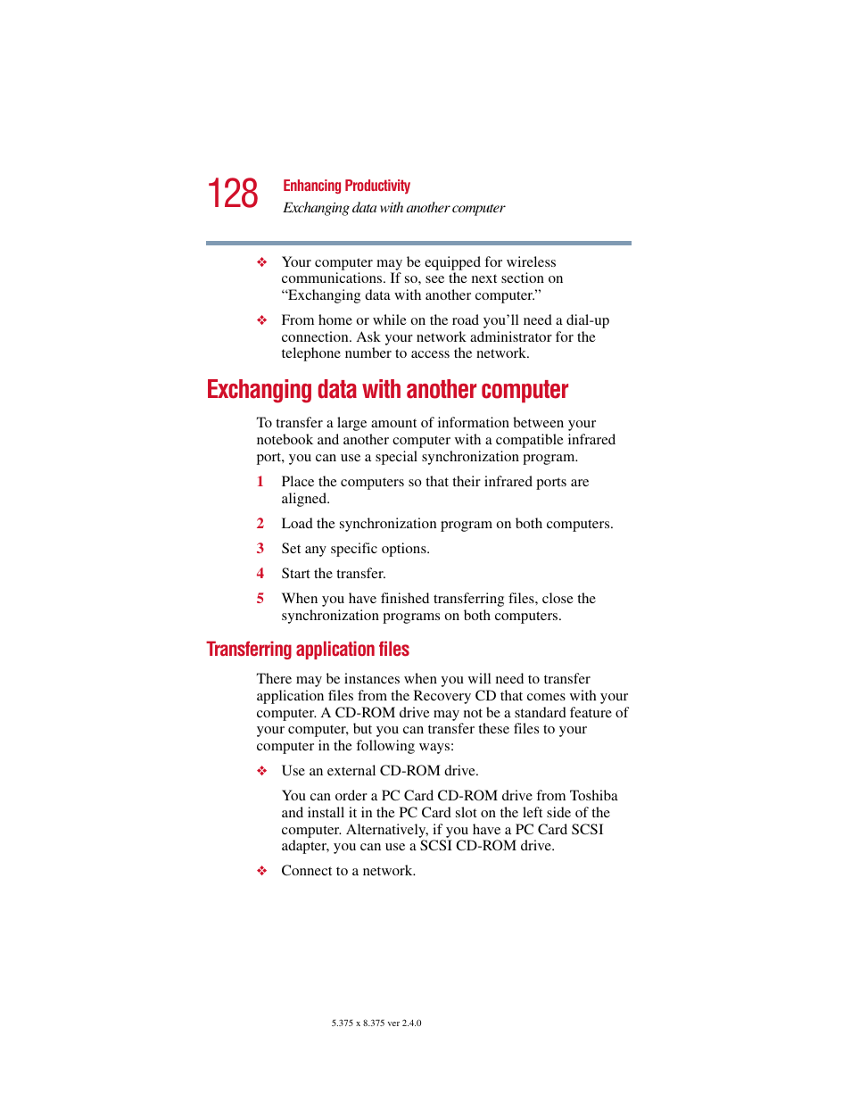 Exchanging data with another computer, Transferring application files | Toshiba PORT User Manual | Page 128 / 243