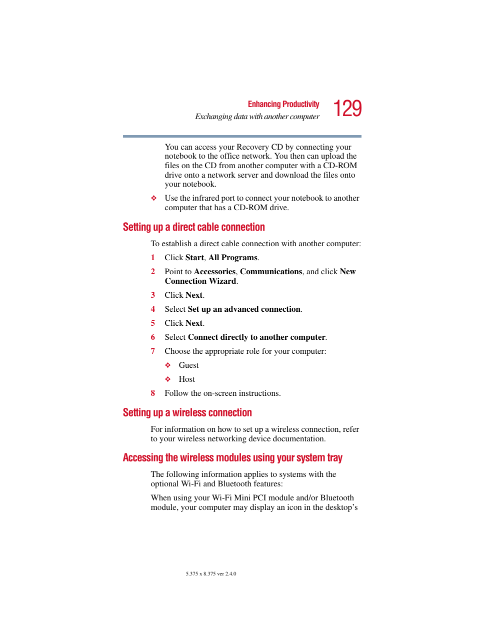 Setting up a direct cable connection, Setting up a wireless connection, System tray | Toshiba PORT User Manual | Page 129 / 243