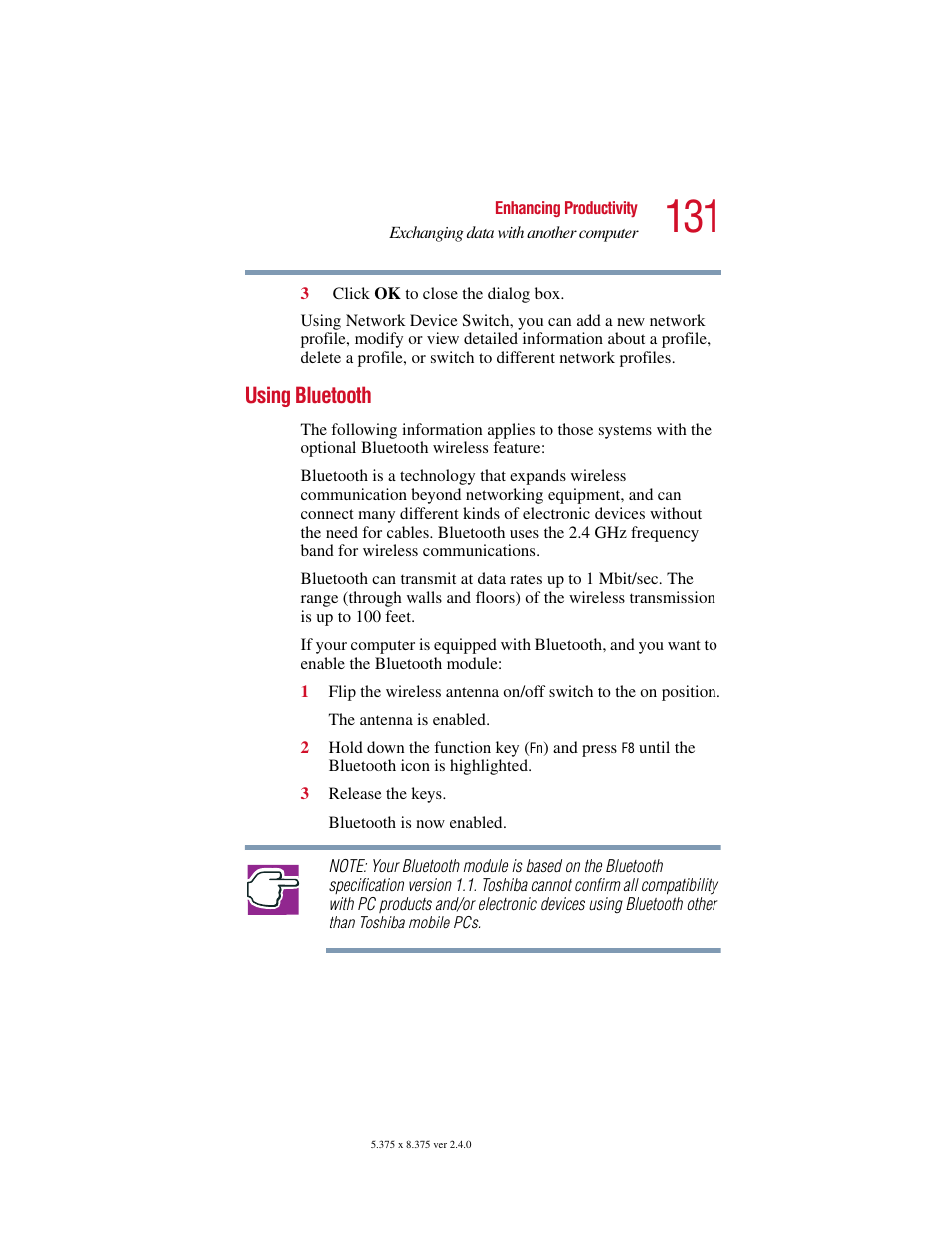 Using bluetooth | Toshiba PORT User Manual | Page 131 / 243